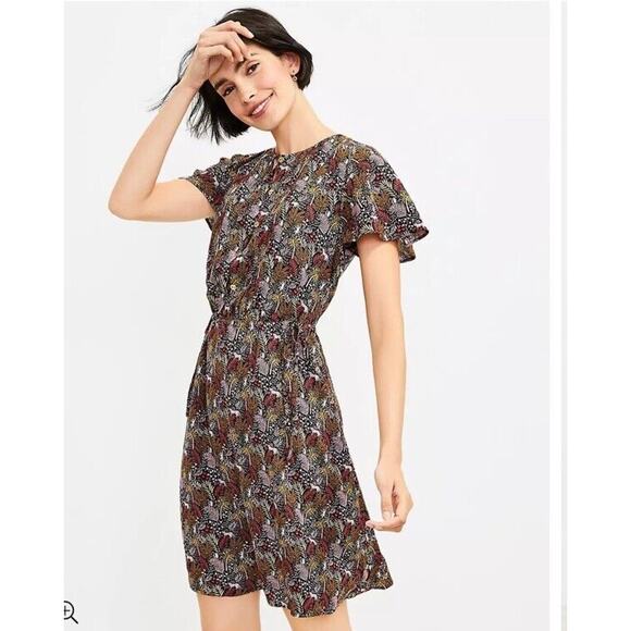 Loft - Short Sleeve Pintucked Side Tie Monkey Print Dress Medium KG - Picture 1 of 7
